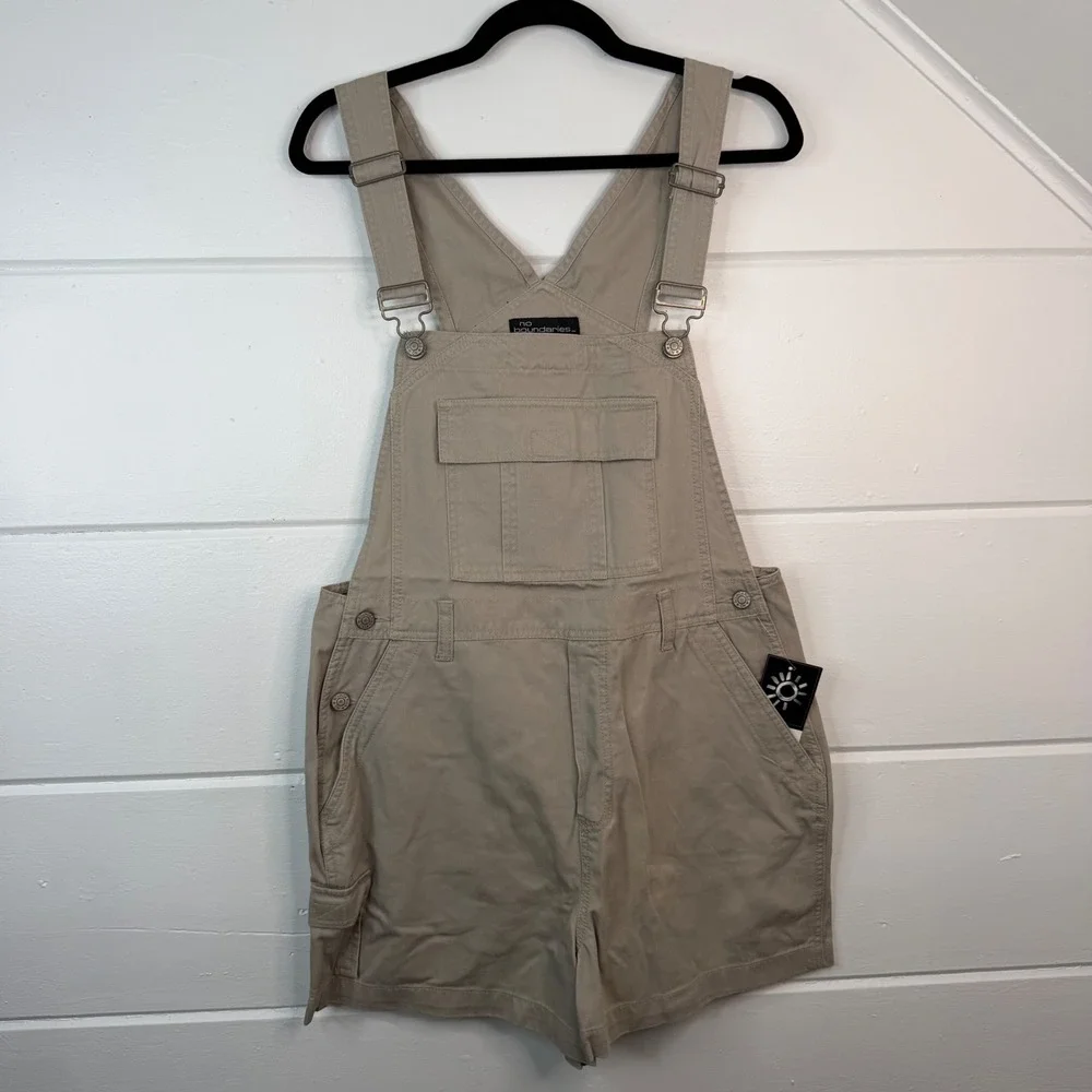 Vintage Overalls Y2K Khaki‎ Shortalls Large Juniors No Boundaries 100% Cotton